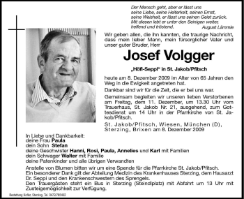 Traueranzeige von Josef Volgger von Dolomiten