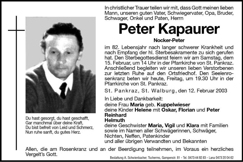  Traueranzeige für Peter Kapaurer vom 14.02.2003 aus Dolomiten