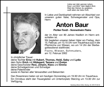 Traueranzeige von Anton Baur von Dolomiten