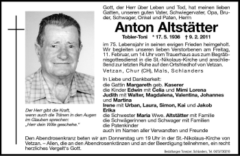 Traueranzeige von Anton Altstätter von Dolomiten