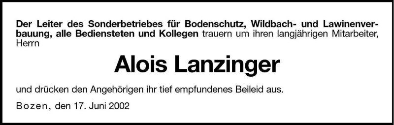  Traueranzeige für Alois Lanzinger vom 19.06.2002 aus Dolomiten