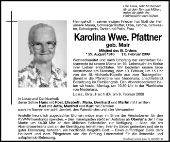 Traueranzeige von Karolina Pfattner von Dolomiten