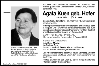 Traueranzeige von Agata Kuen von Dolomiten