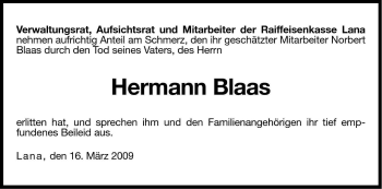 Traueranzeige von Hermann Blaas von Dolomiten