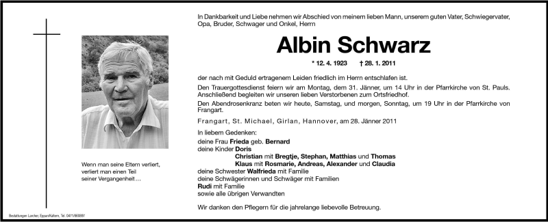  Traueranzeige für Albin Schwarz vom 29.01.2011 aus Dolomiten