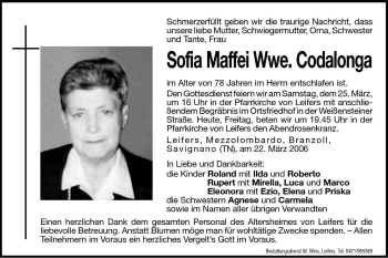 Traueranzeige von Sofia Codalonga von Dolomiten