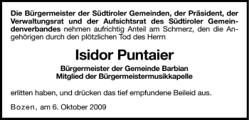 Traueranzeige von Isidor Puntaier von Dolomiten