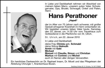 Traueranzeige von Hans Perathoner von Dolomiten