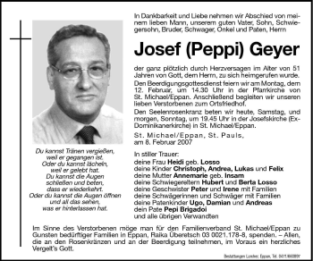 Traueranzeige von Josef (Peppi) Geyer von Dolomiten