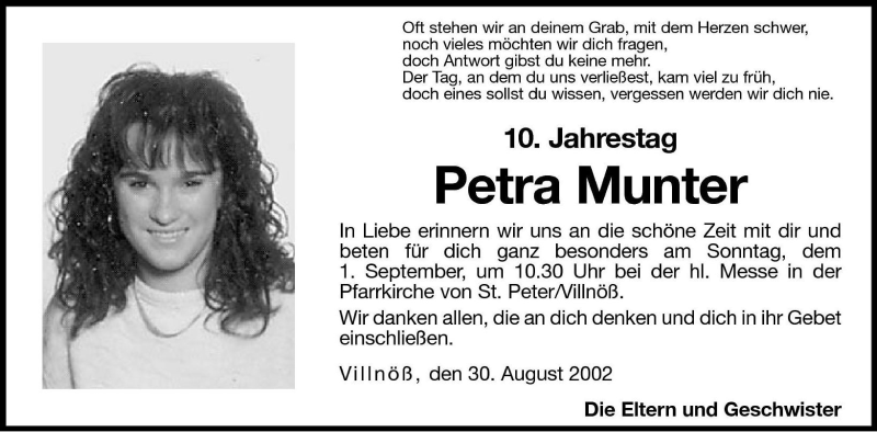  Traueranzeige für Petra Munter vom 31.08.2002 aus Dolomiten