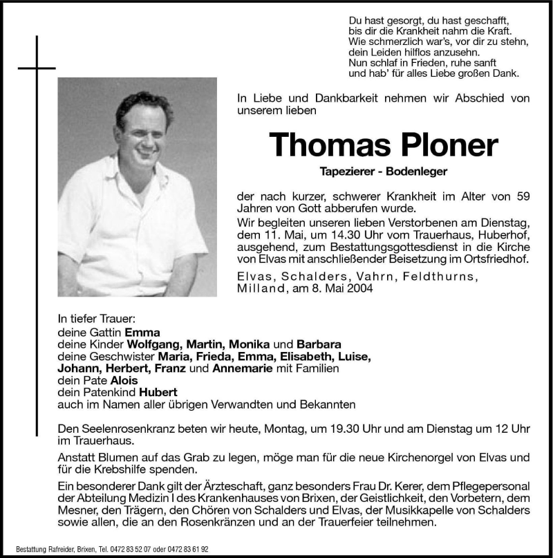  Traueranzeige für Thomas Ploner vom 10.05.2004 aus Dolomiten