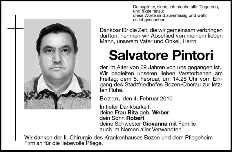  Traueranzeige für Salvatore Pintori vom 04.02.2010 aus Dolomiten