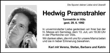 Traueranzeige von Hedwig Pramstrahler von Dolomiten