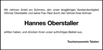 Traueranzeige von Hannes Oberstaller von Dolomiten