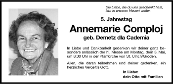 Traueranzeige von Annemarie Comploj von Dolomiten