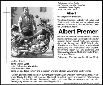 Traueranzeige von Albert Premer von Dolomiten