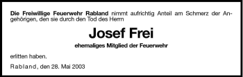 Traueranzeige von Josef Frei von Dolomiten
