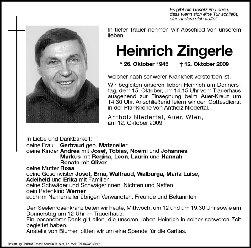  Traueranzeige für Heinrich Zingerle vom 14.10.2009 aus Dolomiten