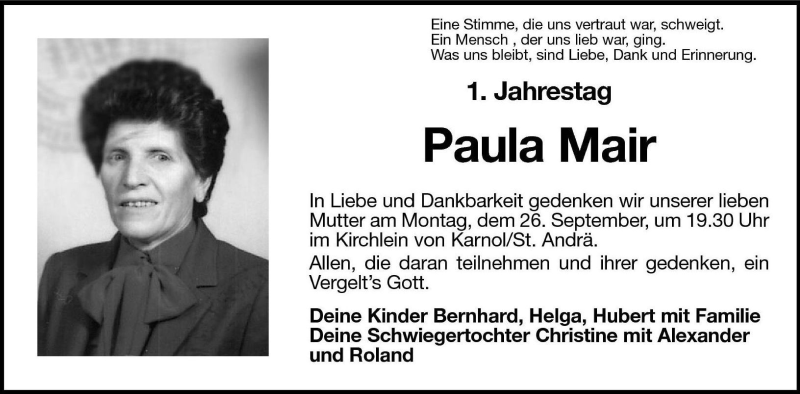  Traueranzeige für Paula Mair vom 24.09.2005 aus Dolomiten