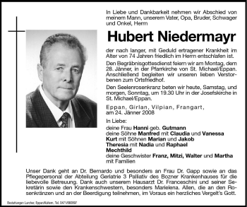 Traueranzeige von Hubert Niedermayr von Dolomiten