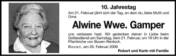 Traueranzeige von Alwine Gamper von Dolomiten