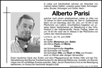 Traueranzeige von Alberto Parisi von Dolomiten