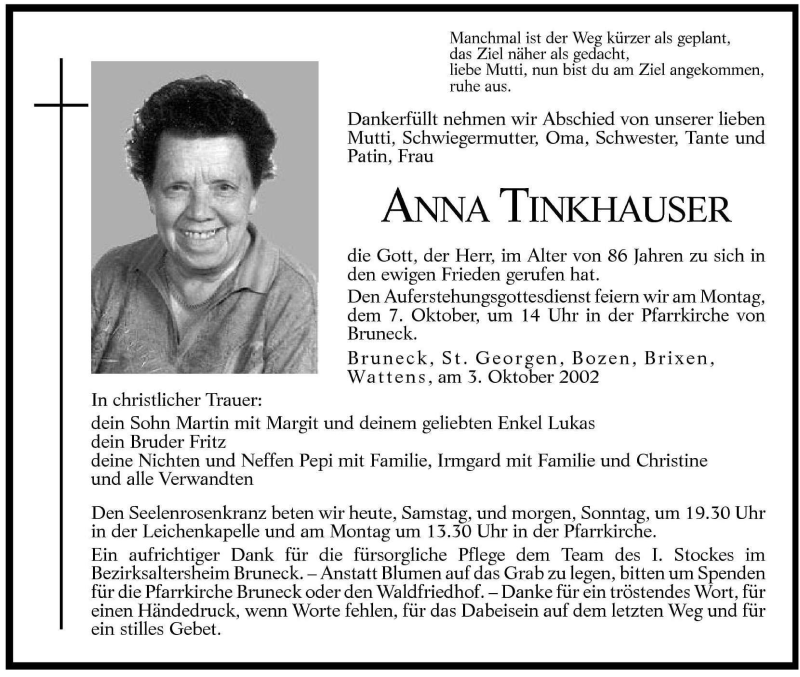  Traueranzeige für Anna Tinkhauser vom 05.10.2002 aus Dolomiten