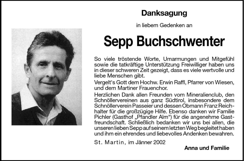  Traueranzeige für Sepp Buchschwenter vom 11.01.2002 aus Dolomiten