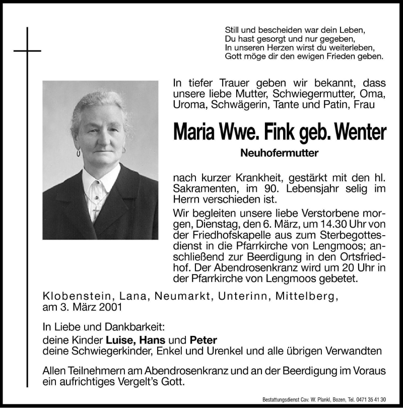 Traueranzeigen Von Maria Fink | Trauer.bz