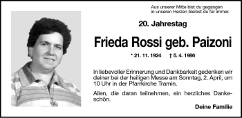 Traueranzeige von Frieda Rossi von Dolomiten