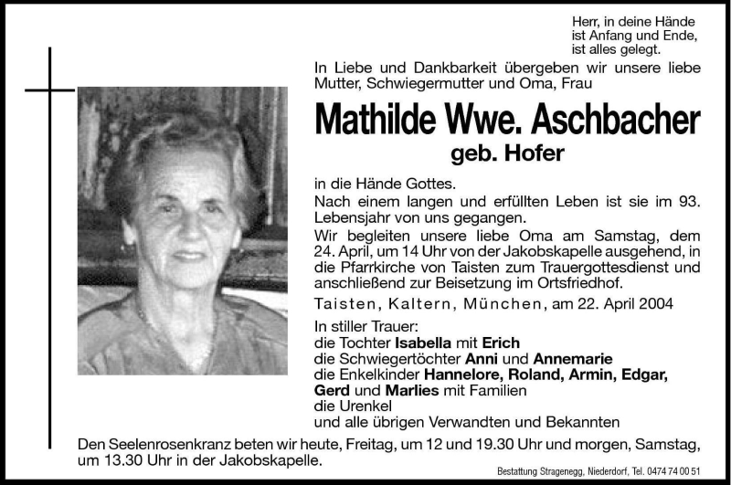  Traueranzeige für Mathilde Aschbacher vom 23.04.2004 aus Dolomiten