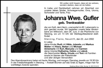 Traueranzeige von Johanna Gufler von Dolomiten