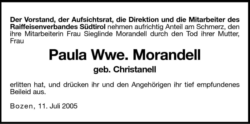  Traueranzeige für Paula Morandell vom 12.07.2005 aus Dolomiten