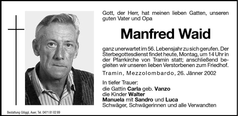  Traueranzeige für Manfred Waid vom 28.01.2002 aus Dolomiten