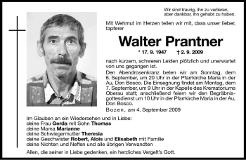 Traueranzeige von Walter Prantner von Dolomiten