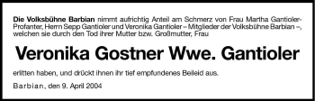 Traueranzeige von Veronika Gantioler von Dolomiten