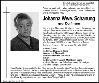 Traueranzeige von Johanna Schanung von Dolomiten