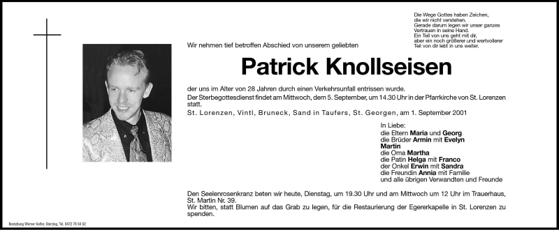  Traueranzeige für Patrick Knollseisen vom 04.09.2001 aus Dolomiten