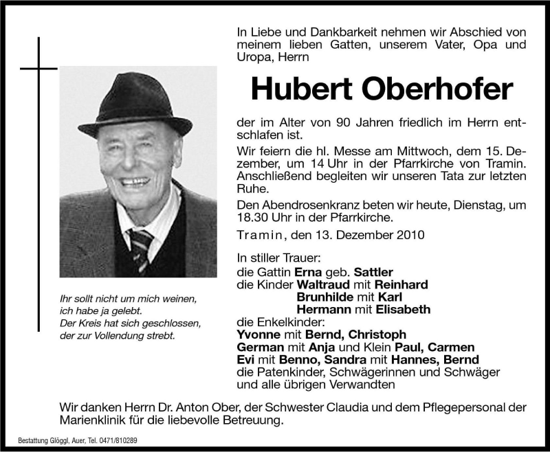  Traueranzeige für Hubert Oberhofer vom 14.12.2010 aus Dolomiten