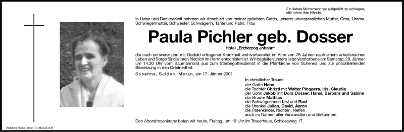  Traueranzeige für Paula Pichler vom 19.01.2001 aus Dolomiten