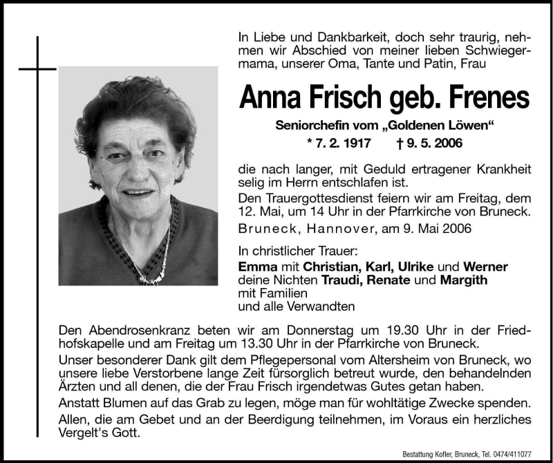  Traueranzeige für Anna Frisch vom 10.05.2006 aus Dolomiten