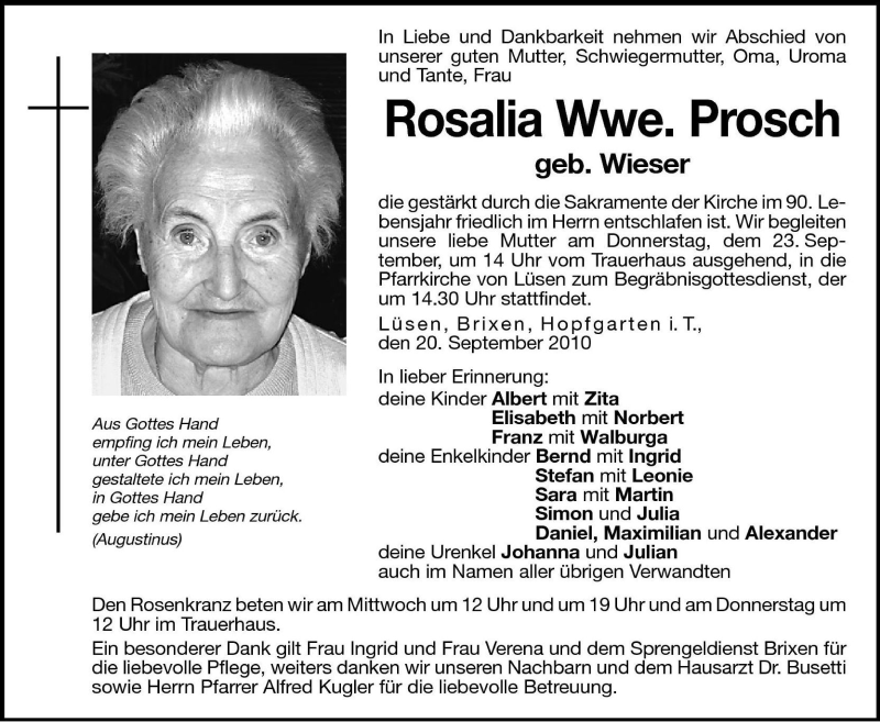  Traueranzeige für Rosalia Prosch vom 22.09.2010 aus Dolomiten