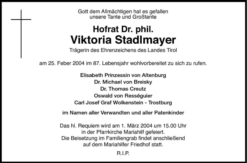  Traueranzeige für Viktoria Stadlmayer vom 28.02.2004 aus Dolomiten