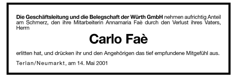  Traueranzeige für Carlo Faé vom 15.05.2001 aus Dolomiten