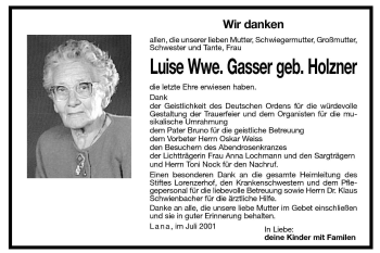Traueranzeige von Luise Gasser von Dolomiten