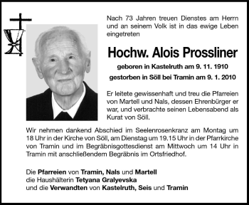 Traueranzeige von Alois Prossliner von Dolomiten
