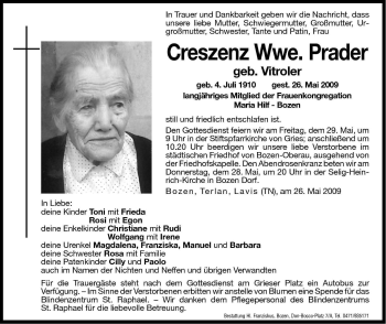 Traueranzeige von Kreszenz Prader von Dolomiten