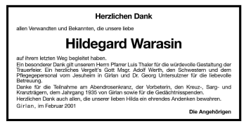 Traueranzeige von Hildegard Warasin von Dolomiten