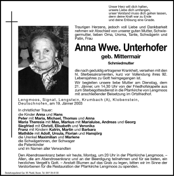 Traueranzeige von Anna Unterhofer von Dolomiten