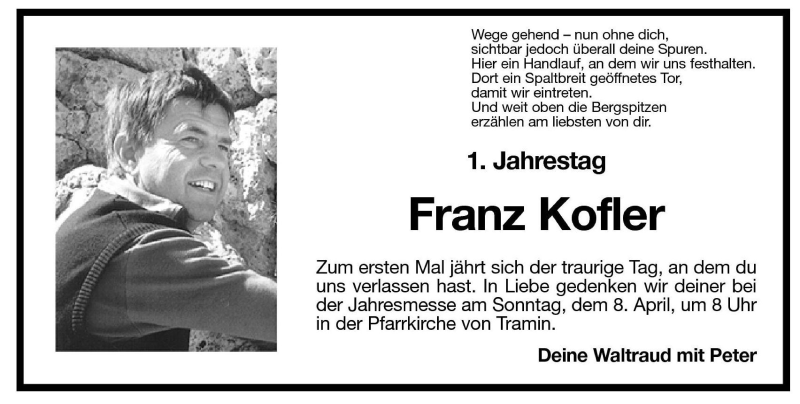  Traueranzeige für Franz Kofler vom 06.04.2001 aus Dolomiten